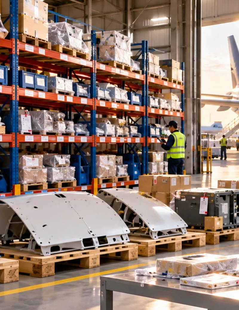 Aircraft parts and racked inventory with a warehouse worker beside an aircraft