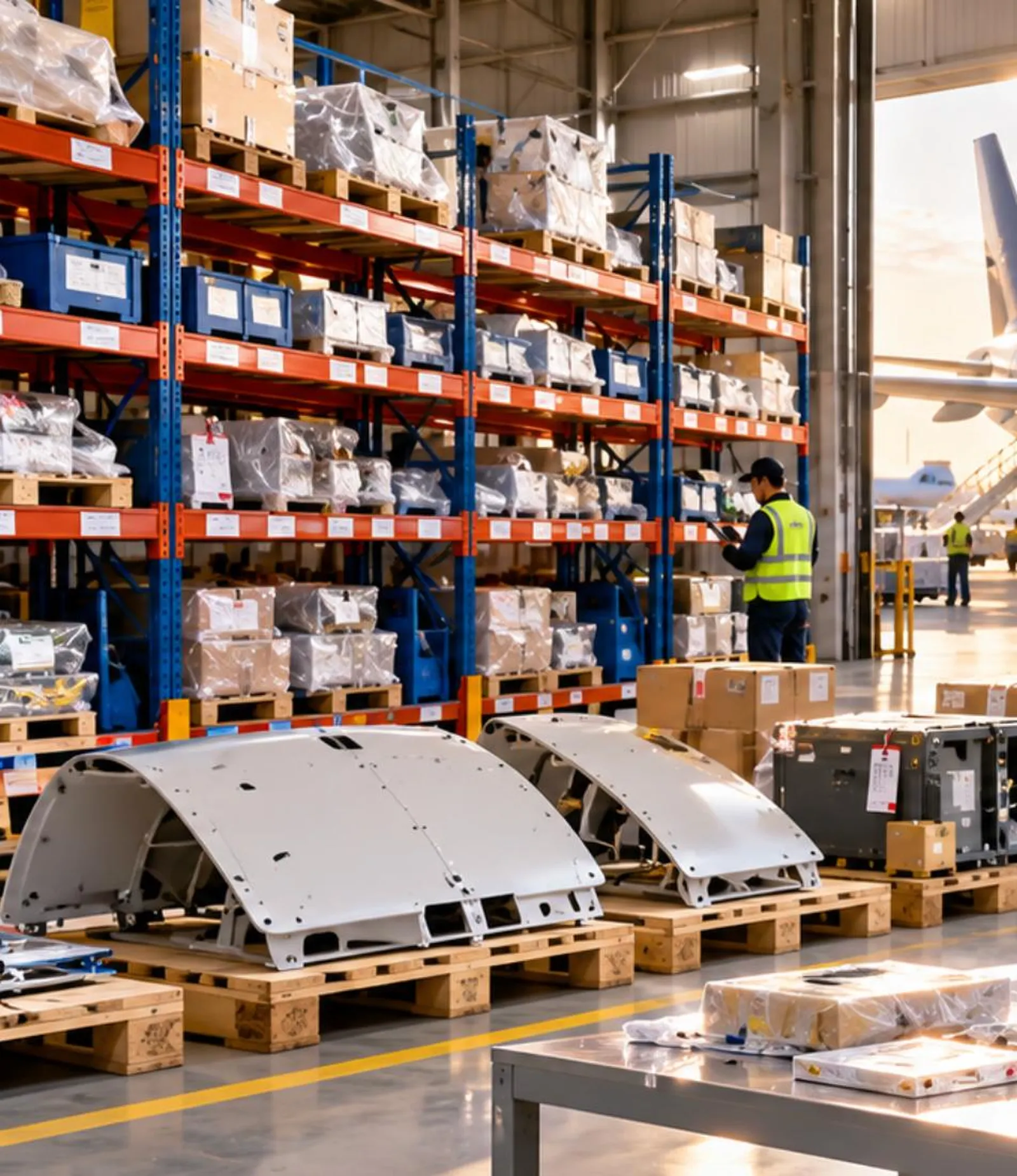 Aircraft cowling panels and racked parts inventory in the warehouse with an aircraft on the apron beyond