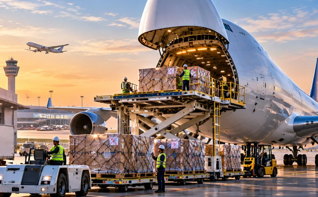 Air cargo freighter being loaded with a high-loader on the apron