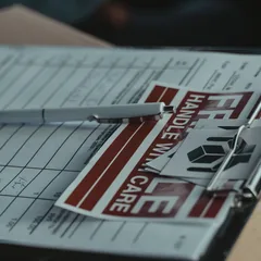Customs paperwork and a fragile handling label on a clipboard