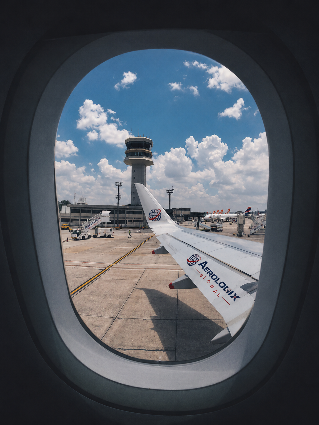 View from an airplane window of an airport tarmac and control tower, with the Aerologix Global logo on the wing